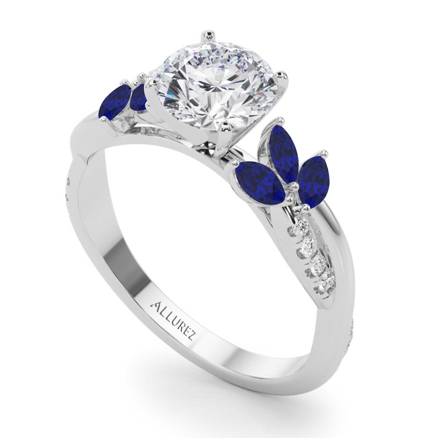 Lab Grown Diamond & Lab Blue Sapphire Marquise Leaf Engagement Ring 18K White Gold (0.38ct)