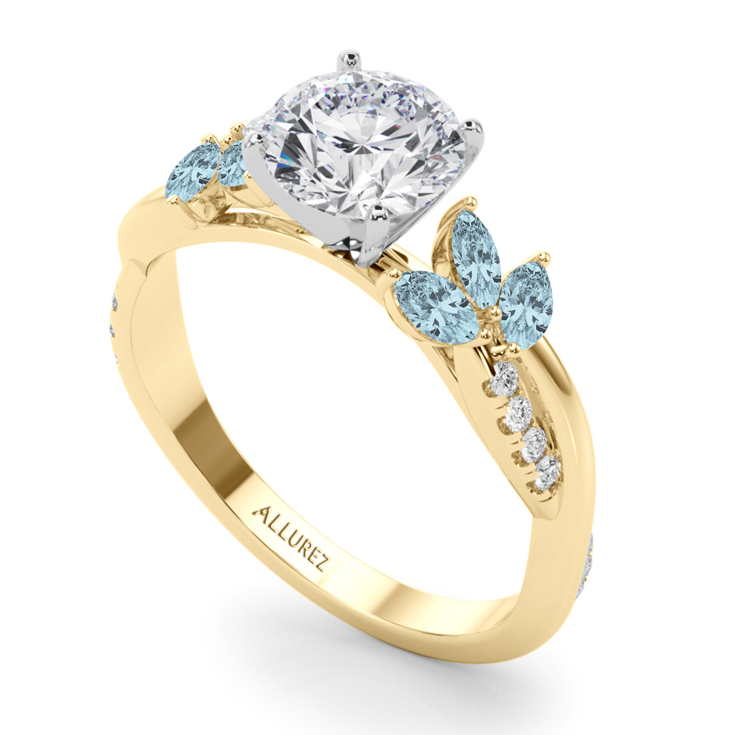 Lab Grown Diamond & Lab Aquamarine Marquise Leaf Engagement Ring 18K Yellow Gold (0.38ct)