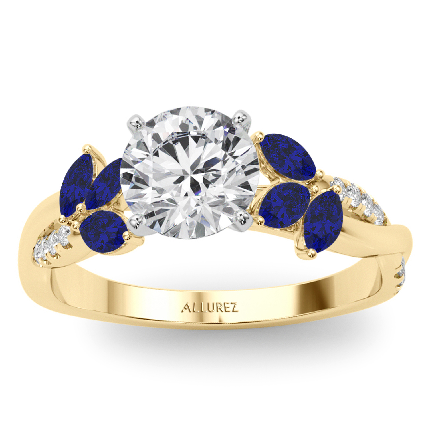 Diamond & Blue Sapphire Marquise Leaf Engagement Ring 18K Yellow Gold (0.38ct)
