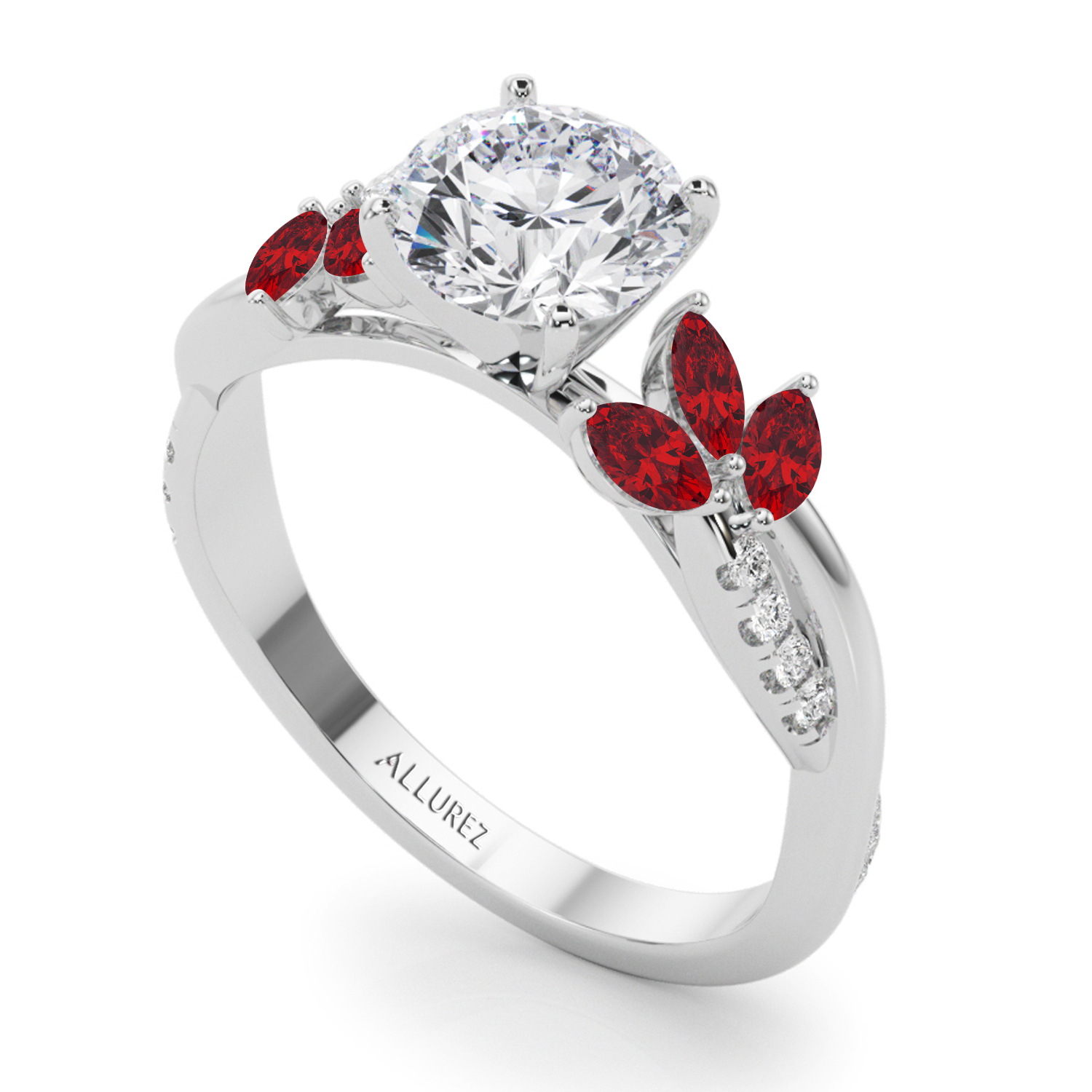 Diamond & Ruby Marquise Leaf Engagement Ring Palladium 0.38ct - AZ22528
