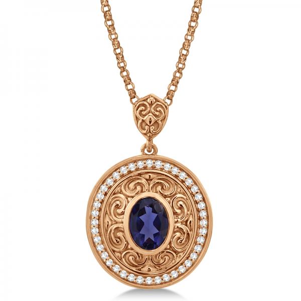 Vintage Diamond Iolite Pendant Necklace in 14k Rose Gold (1.75ct)