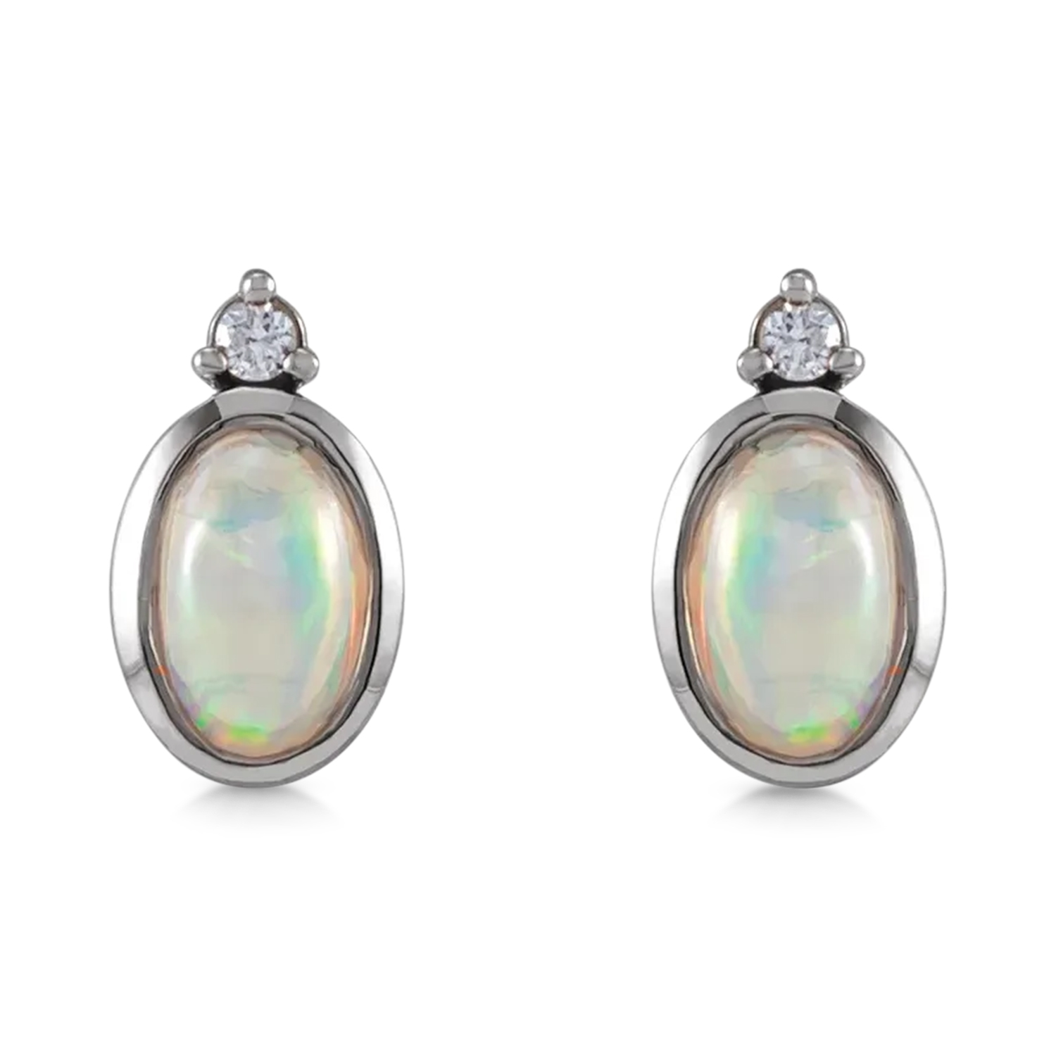Oval Natural Cabochon Ethiopian Opal & Diamond Stud Earrings 14K White Gold (0.34ct)