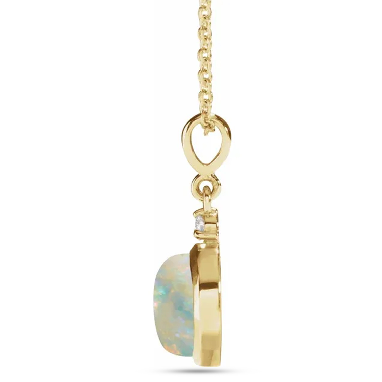 Round Natural White Opal & Diamond Pendant Necklace 14K Yellow Gold (1.11ct)