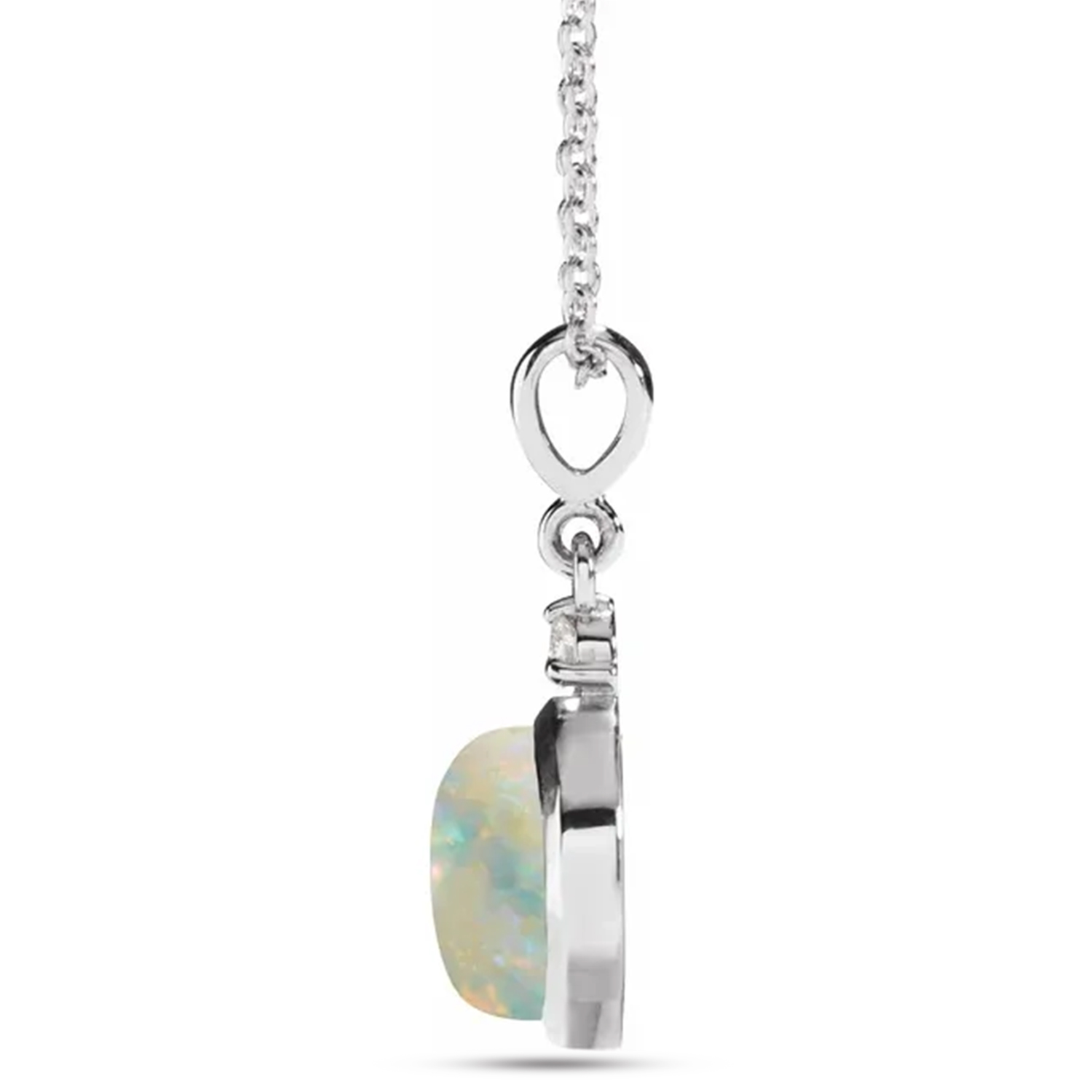 Round Natural White Opal & Diamond Pendant Necklace 14K White Gold (1.11ct)