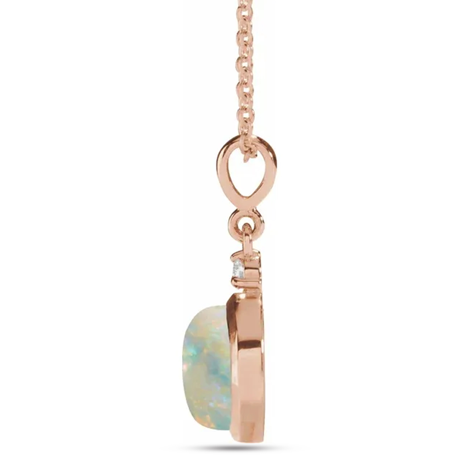 Round Natural White Opal & Diamond Pendant Necklace 14K Rose Gold (1.11ct)