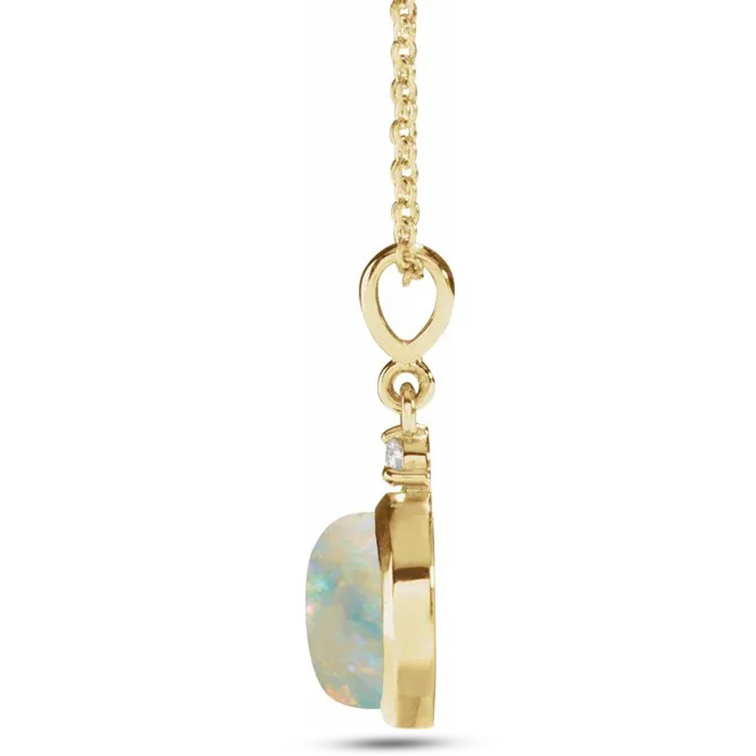 Round Natural White Opal & Diamond Pendant Necklace 14K Yellow Gold (0.57ct)