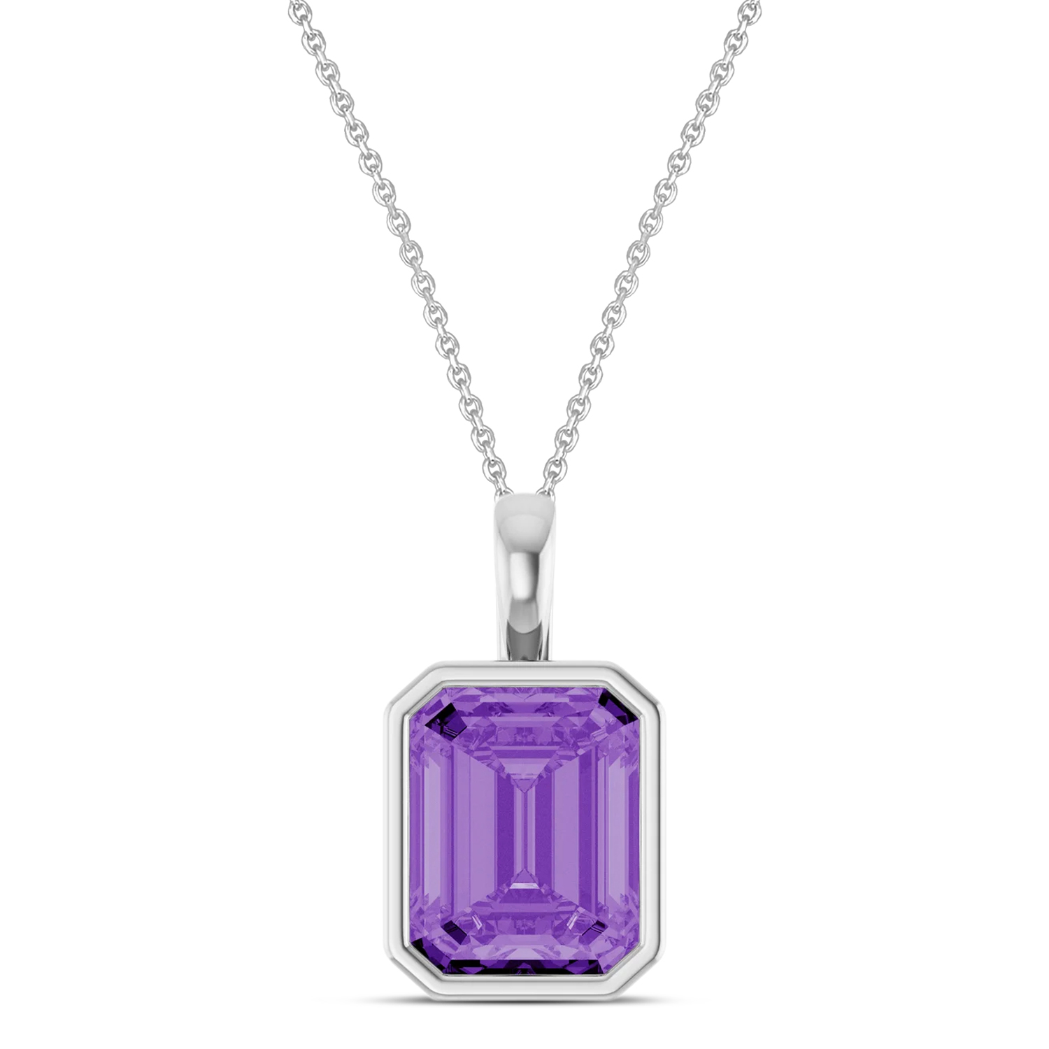Emerald Cut Lab Grown Purple Sapphire Bezel Set Pendant Necklace Sterling Silver (4.48ct)