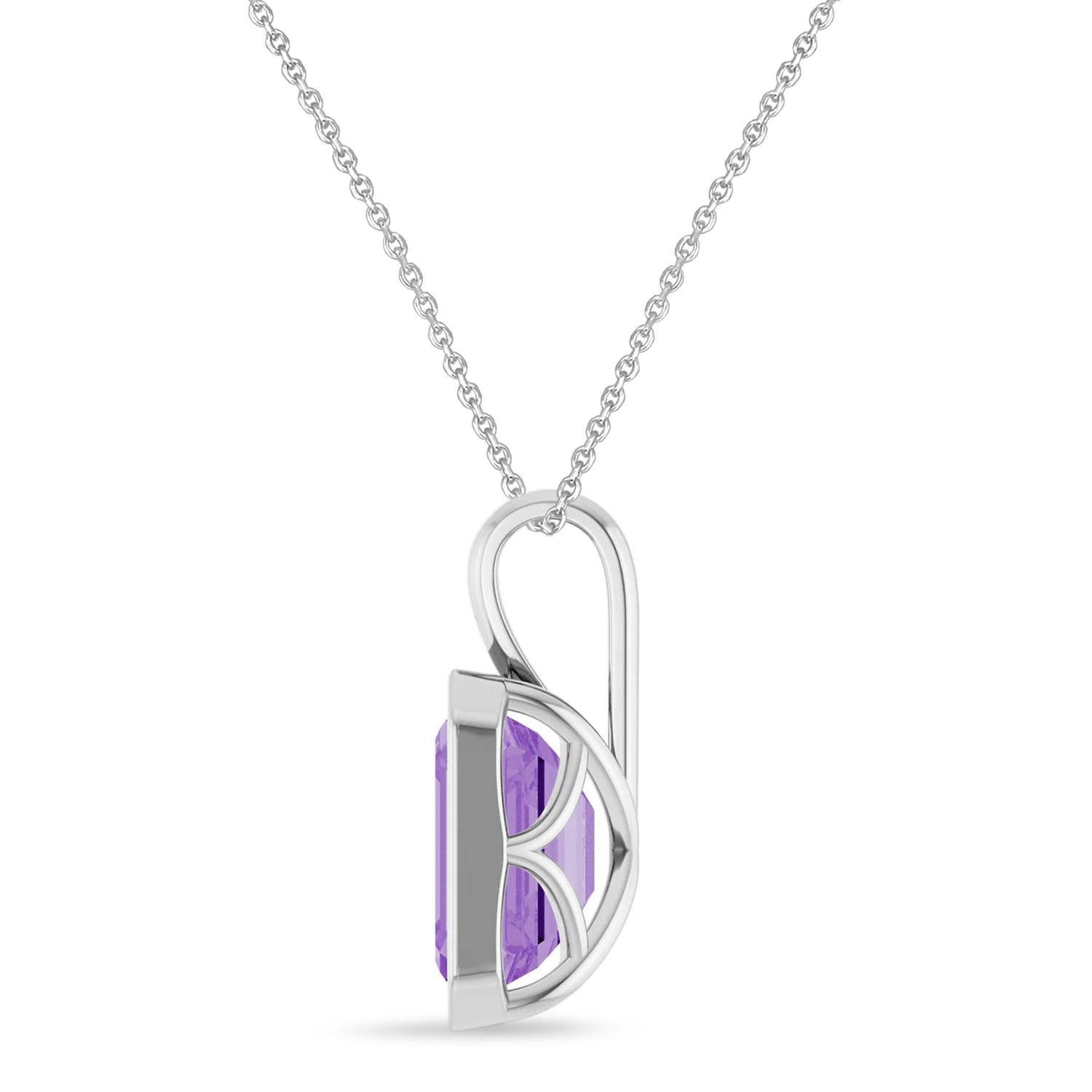 Emerald Cut Lab Grown Purple Sapphire Bezel Set Pendant Necklace Sterling Silver (4.48ct)