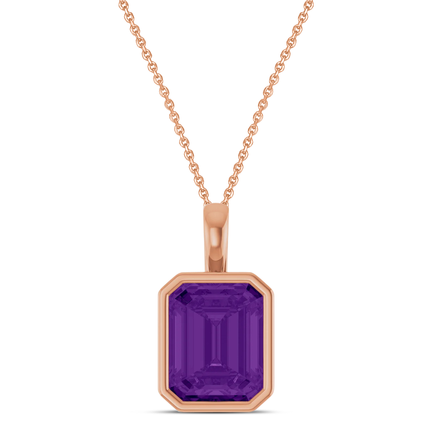 Emerald Cut Amethyst Bezel Set Pendant Necklace 14K Rose Gold (3.12ct)