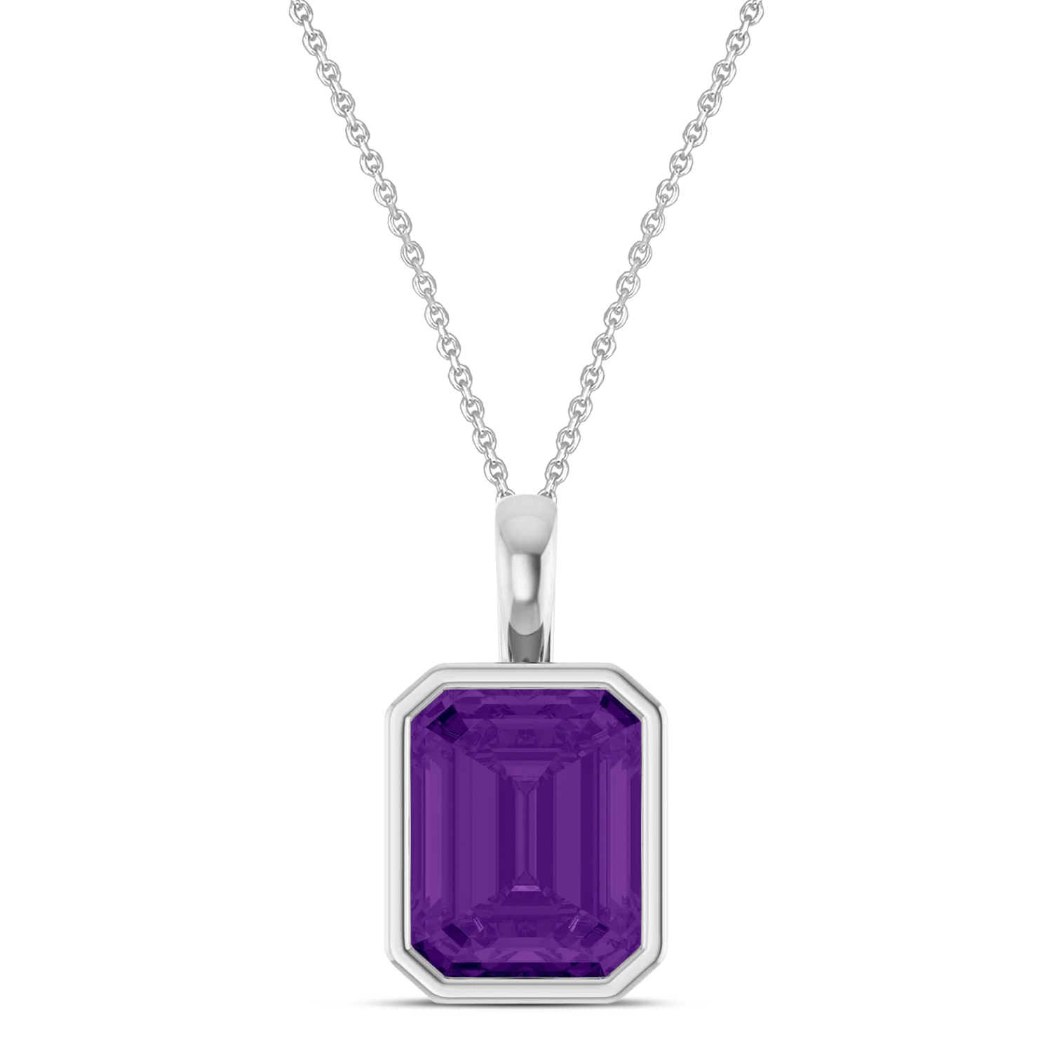 Emerald Cut Amethyst Bezel Set Pendant Necklace Sterling Silver (3.12ct)