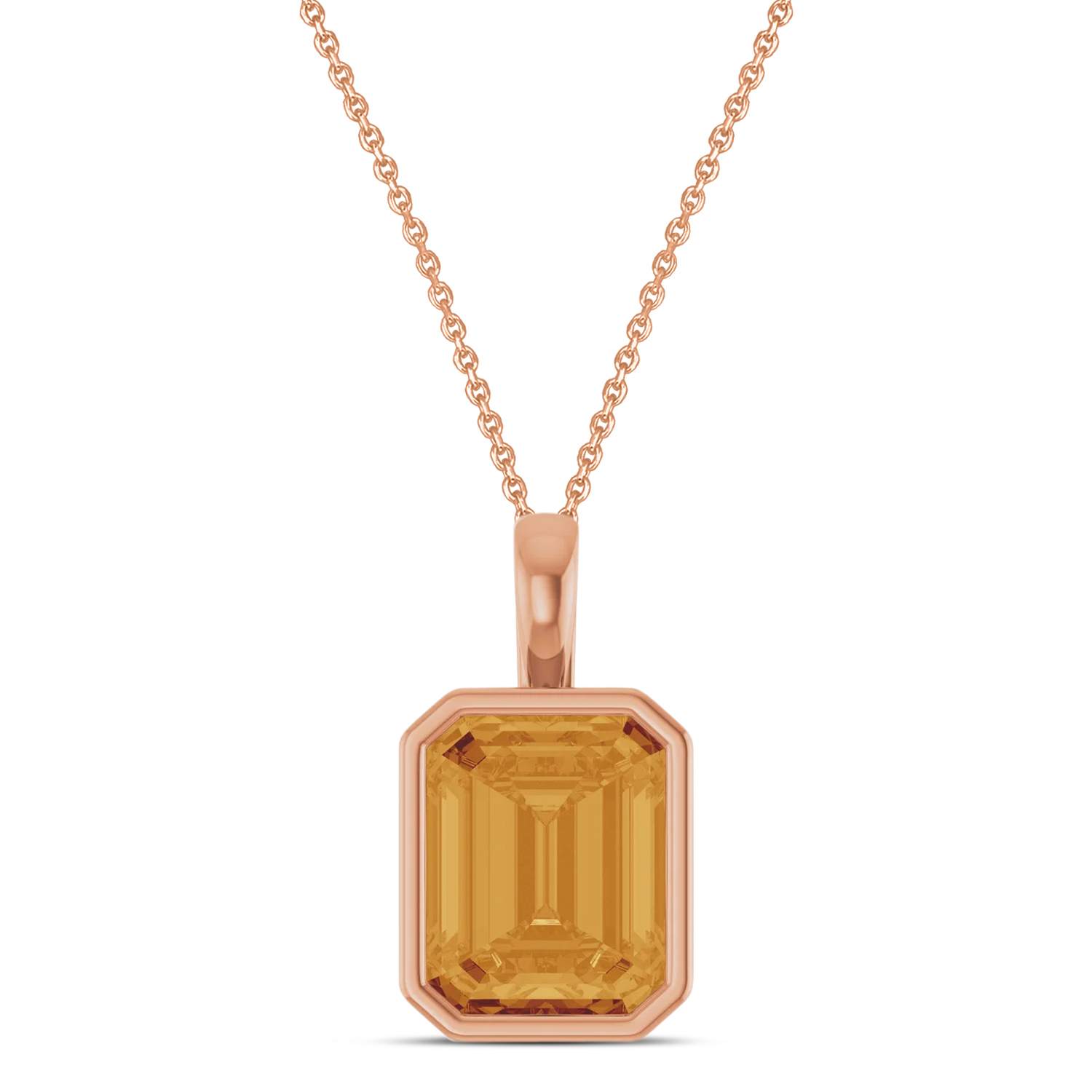 Emerald Cut Citrine Bezel Set Pendant Necklace 14K Rose Gold (3.10ct)