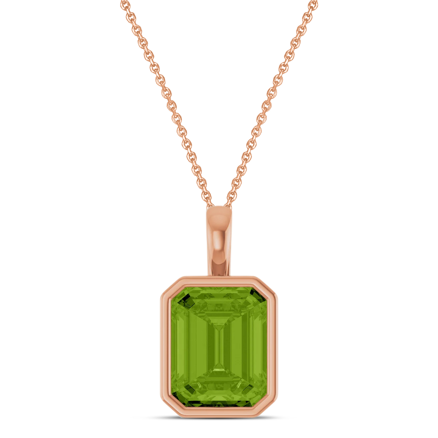 Emerald Cut Peridot Bezel Set Pendant Necklace 14K Rose Gold (3.63ct)