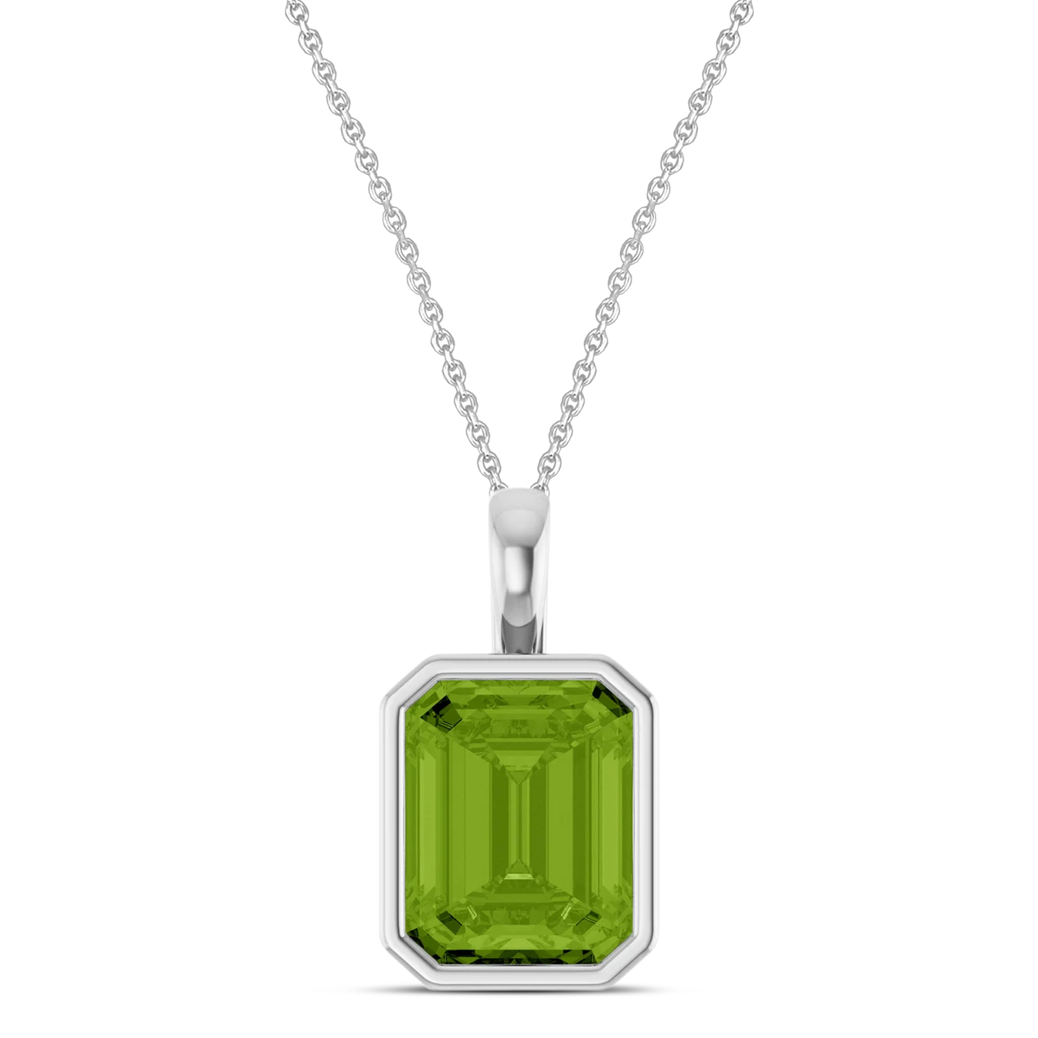 Emerald Cut Peridot Bezel Set Pendant Necklace Sterling Silver (3.63ct)