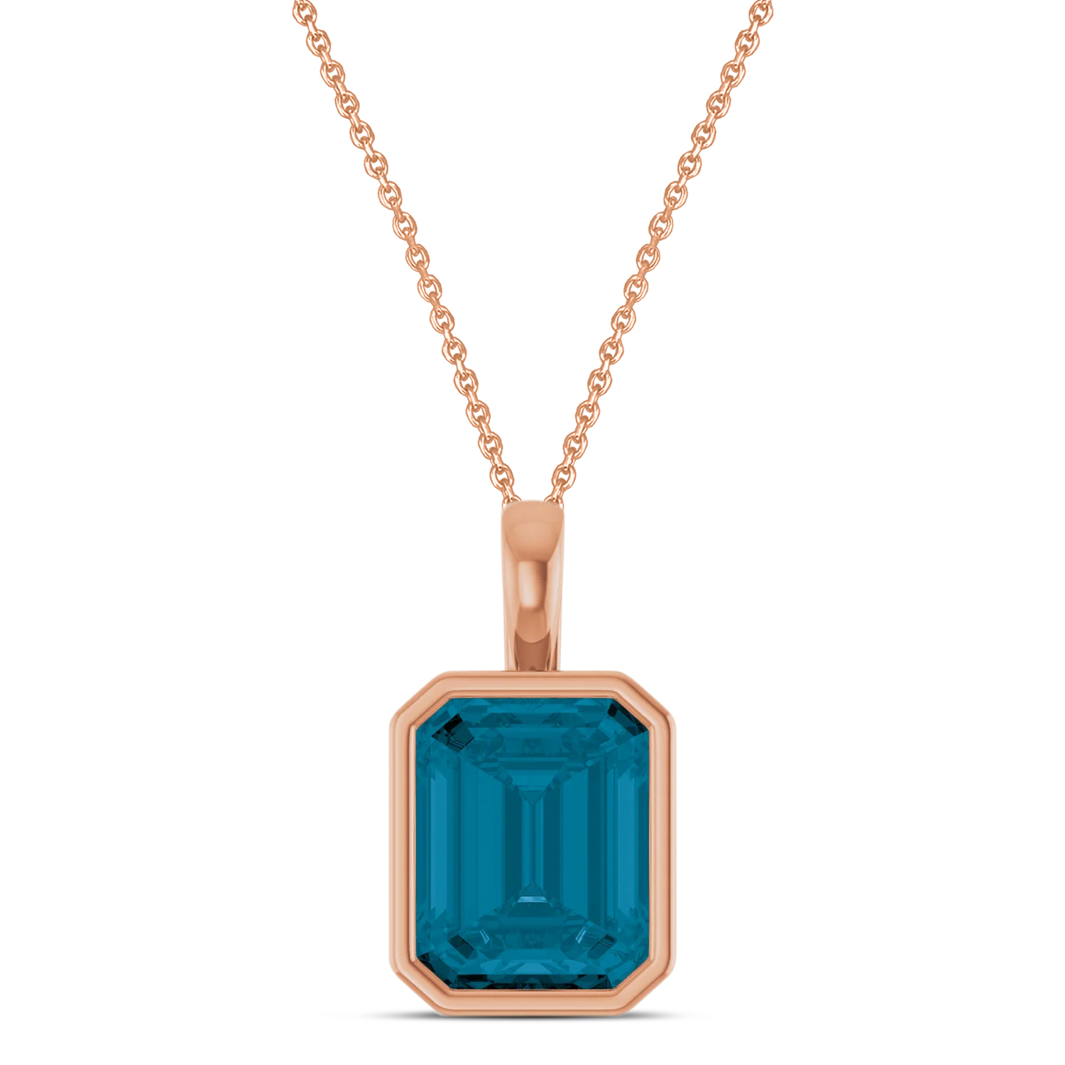 Emerald Cut London Blue Topaz Bezel Set Pendant Necklace 14K Rose Gold (4.03ct)