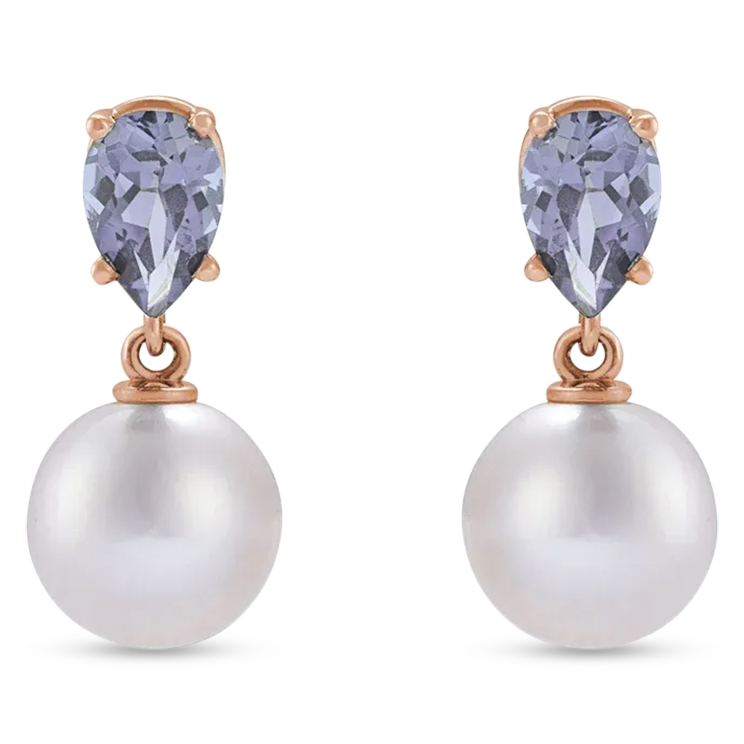 Natural Tanzanite & White Akoya Pearl Drop Earrings 14K Rose Gold (0.41ct)