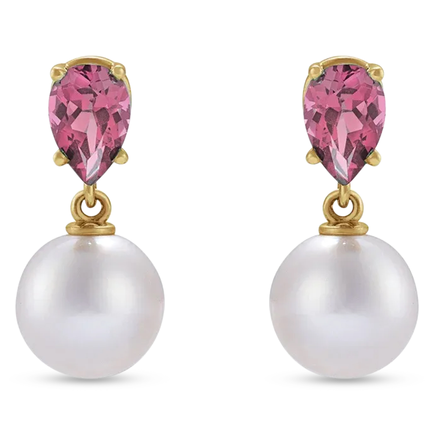 Natural Pink Tourmaline & White Akoya Pearl Drop Earrings 14K Yellow Gold (0.41ct)