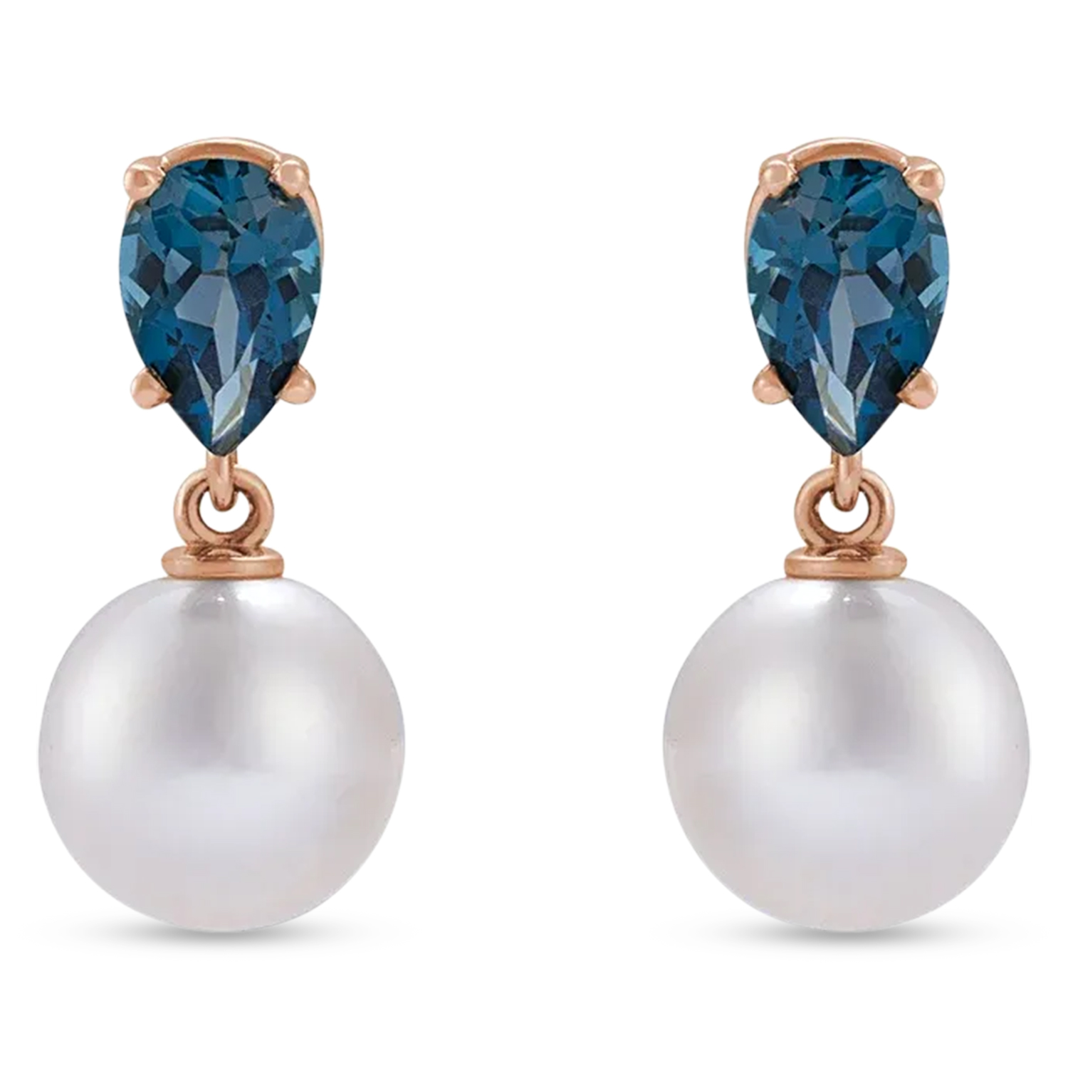Natural London Blue Topaz & White Akoya Pearl Drop Earrings 14K Rose Gold (0.48ct)