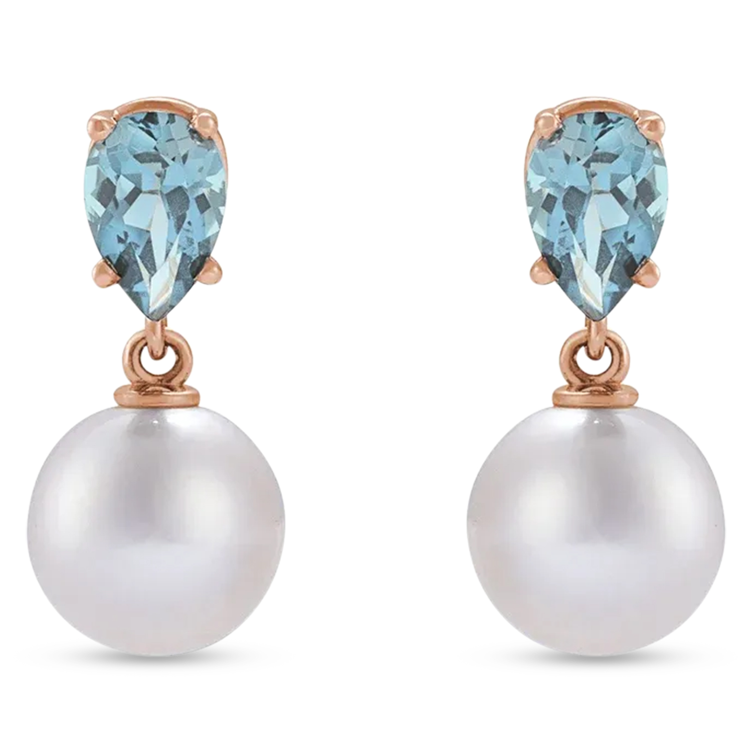 Natural Aquamarine & White Akoya Pearl Drop Earrings 14K Rose Gold (0.35ct)