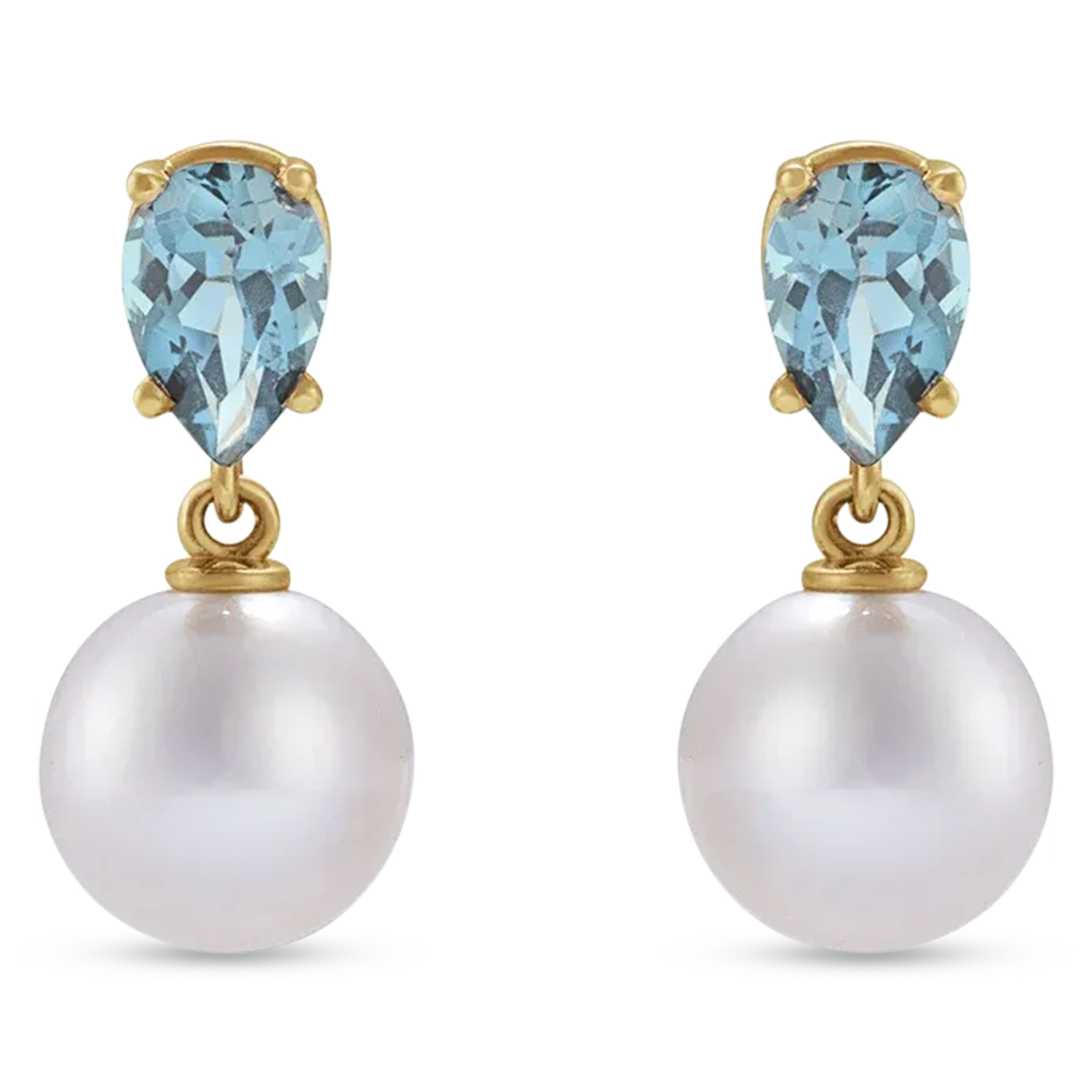 Natural Aquamarine & White Akoya Pearl Drop Earrings 14K Yellow Gold (0.35ct)
