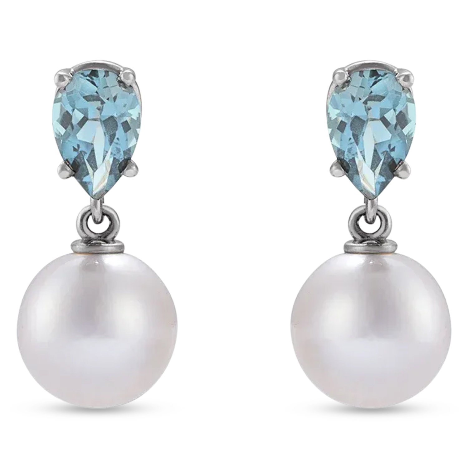Natural Aquamarine & White Akoya Pearl Drop Earrings 14K White Gold (0.35ct)