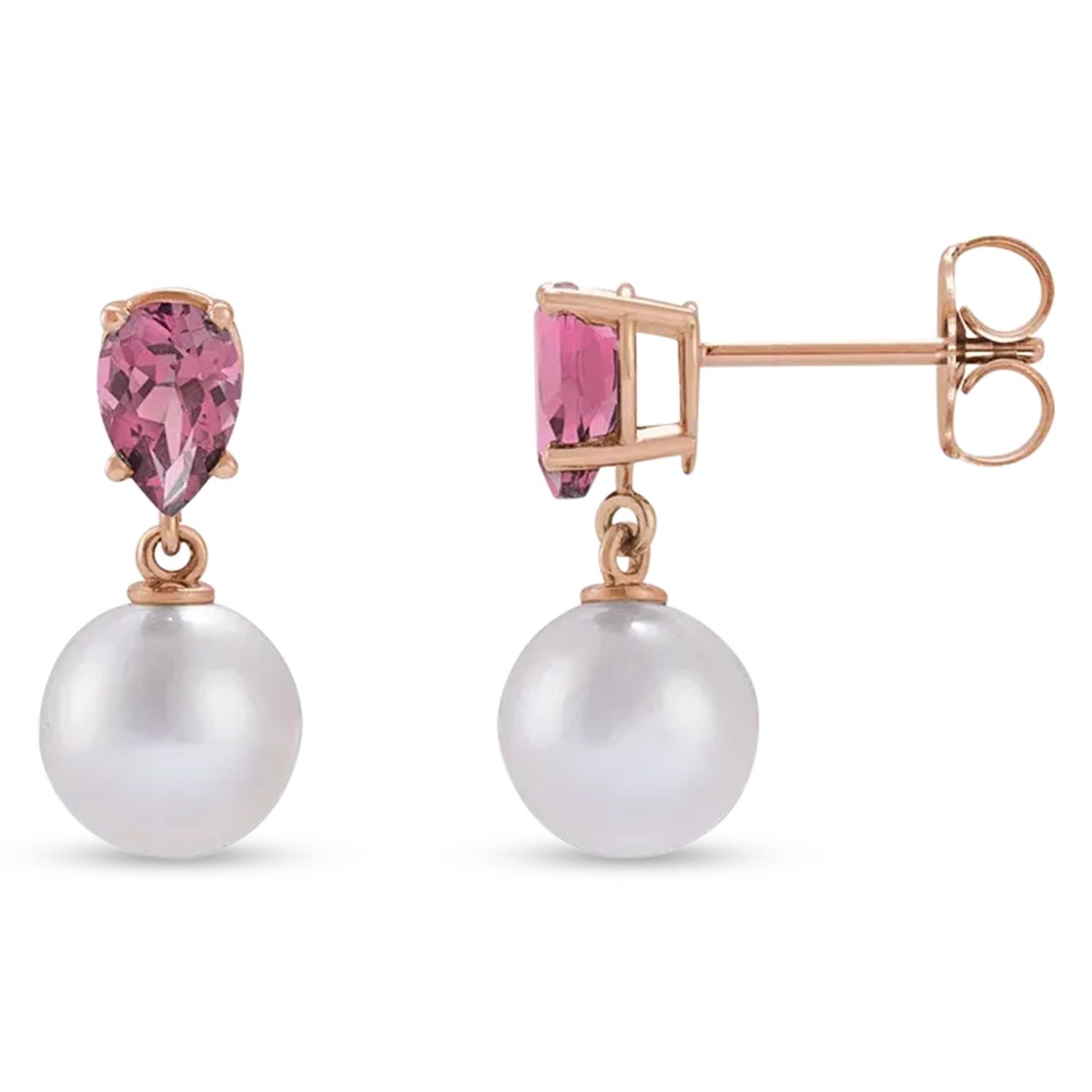 Natural Pink Tourmaline & White Akoya Pearl Drop Earrings 14K Rose Gold (0.41ct)