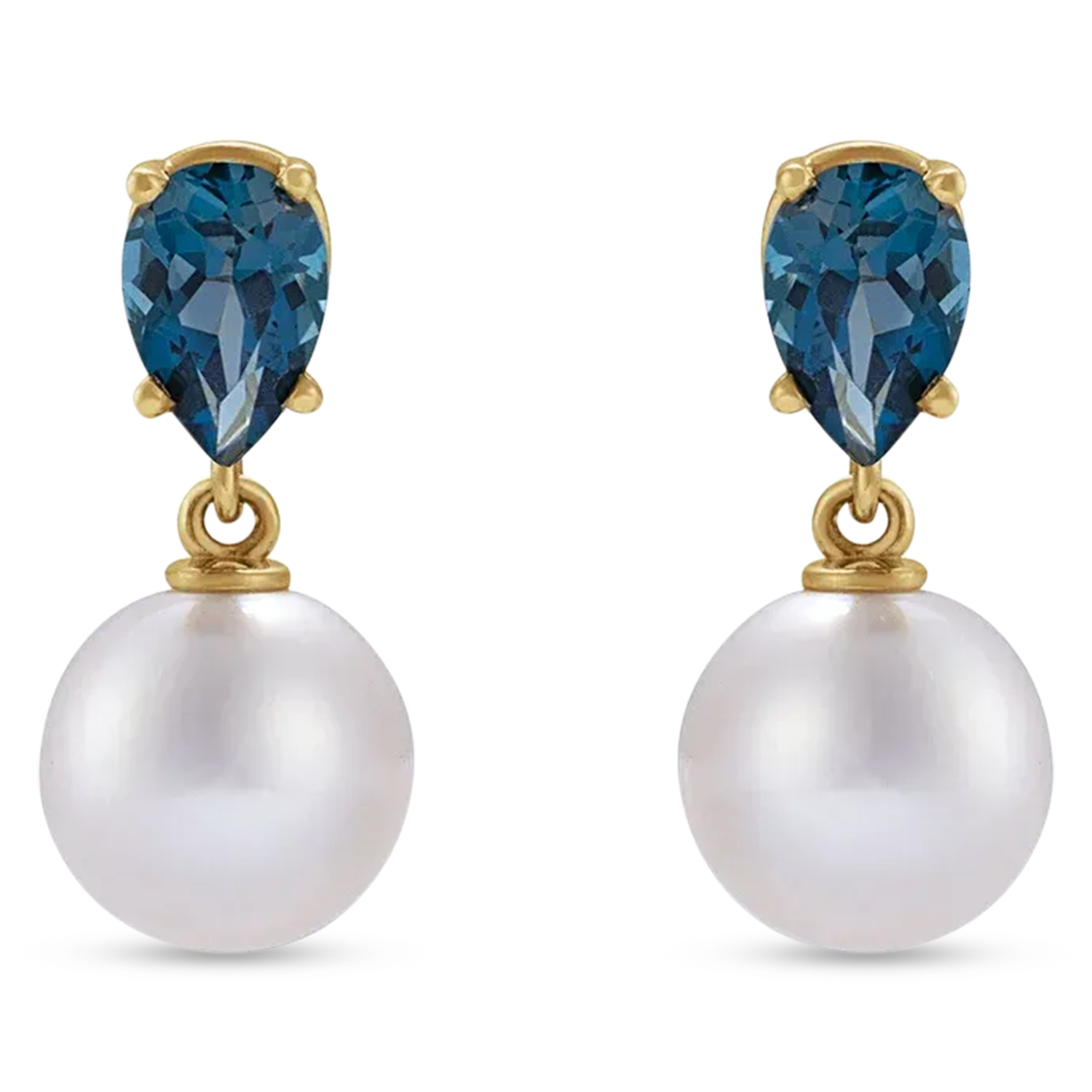 Natural London Blue Topaz & White Akoya Pearl Drop Earrings 14K Yellow Gold (0.48ct)