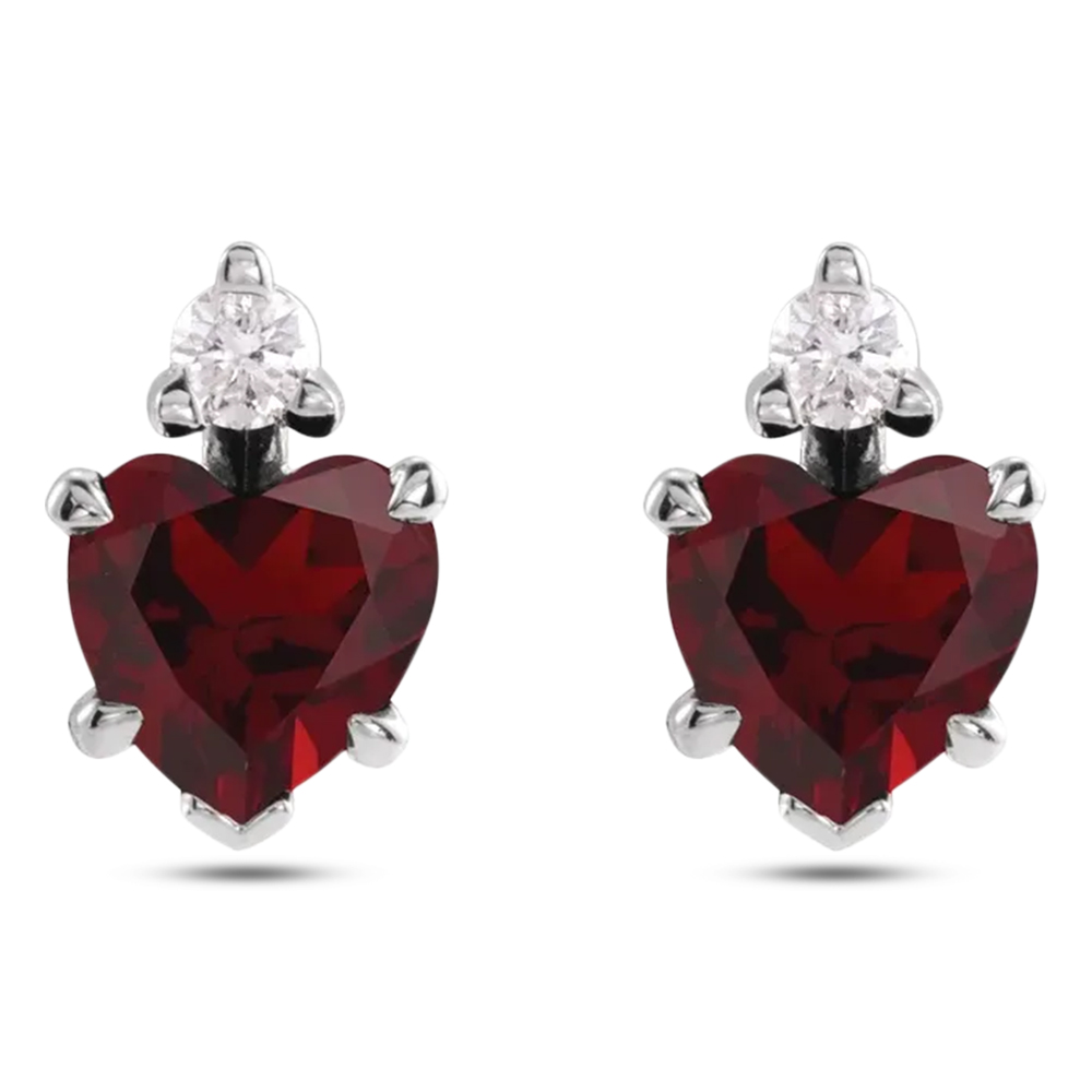 Heart Natural Mozambique Garnet & Natural Diamond Stud Earrings 14K White Gold (0.66ct)