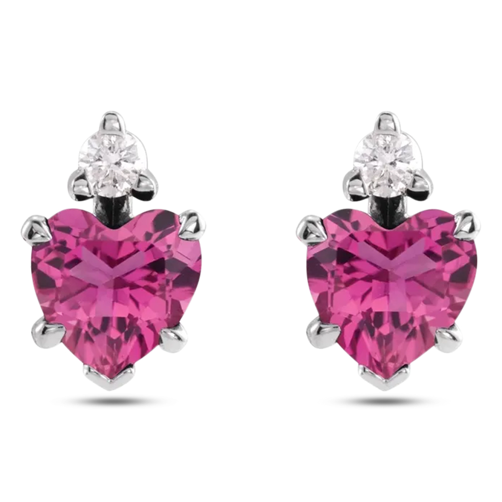Heart Natural Pink Tourmaline & Natural Diamond Stud Earrings 14K White Gold (0.52ct)