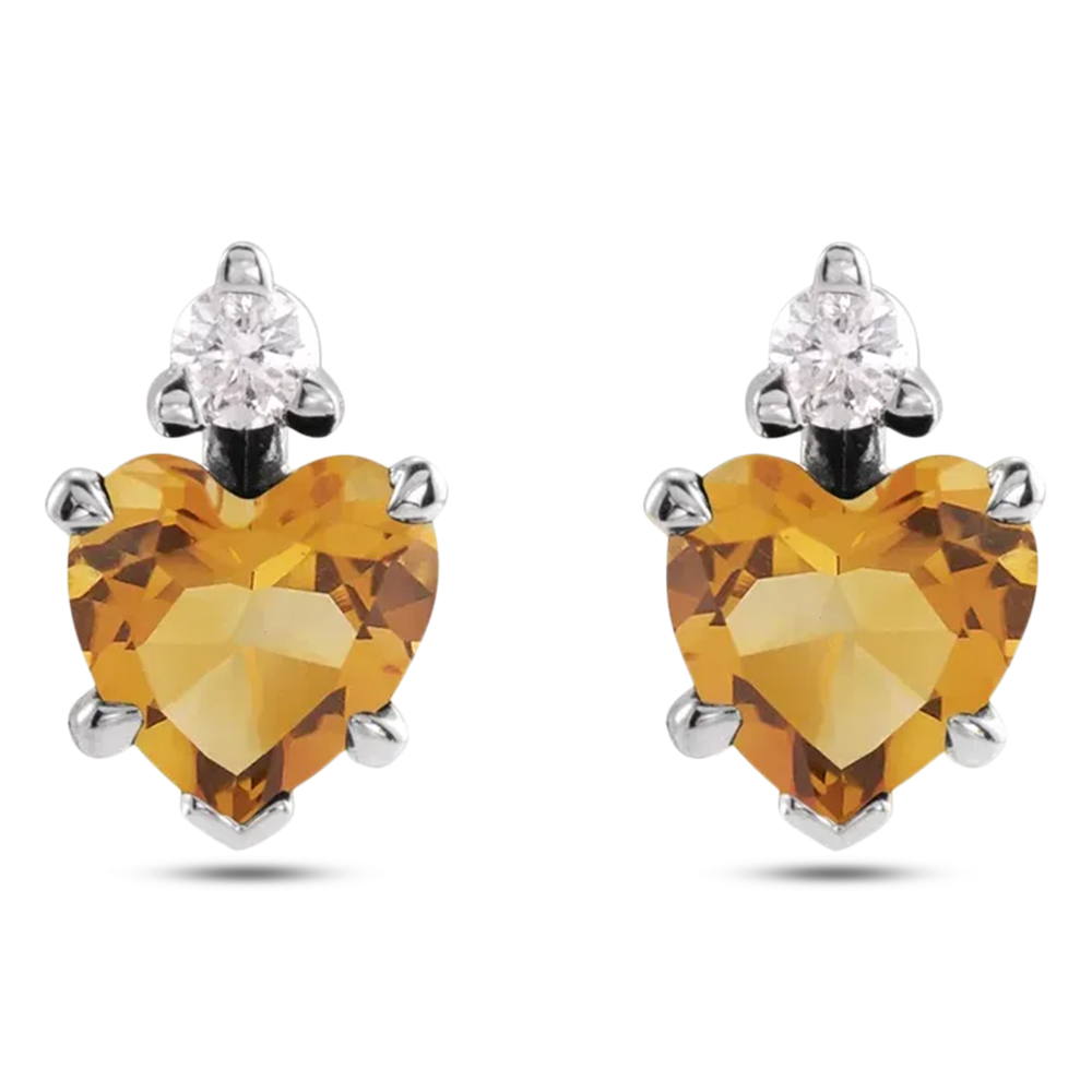 Heart Natural Citrine & Natural Diamond Stud Earrings 14K White Gold (0.48ct)