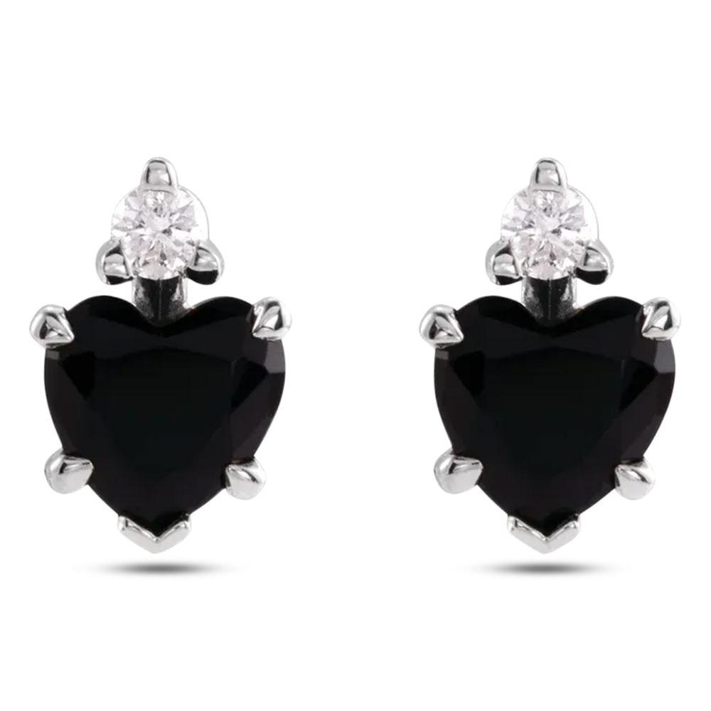 Heart Natural Black Onyx & Natural Diamond Stud Earrings 14K White Gold (0.41ct)