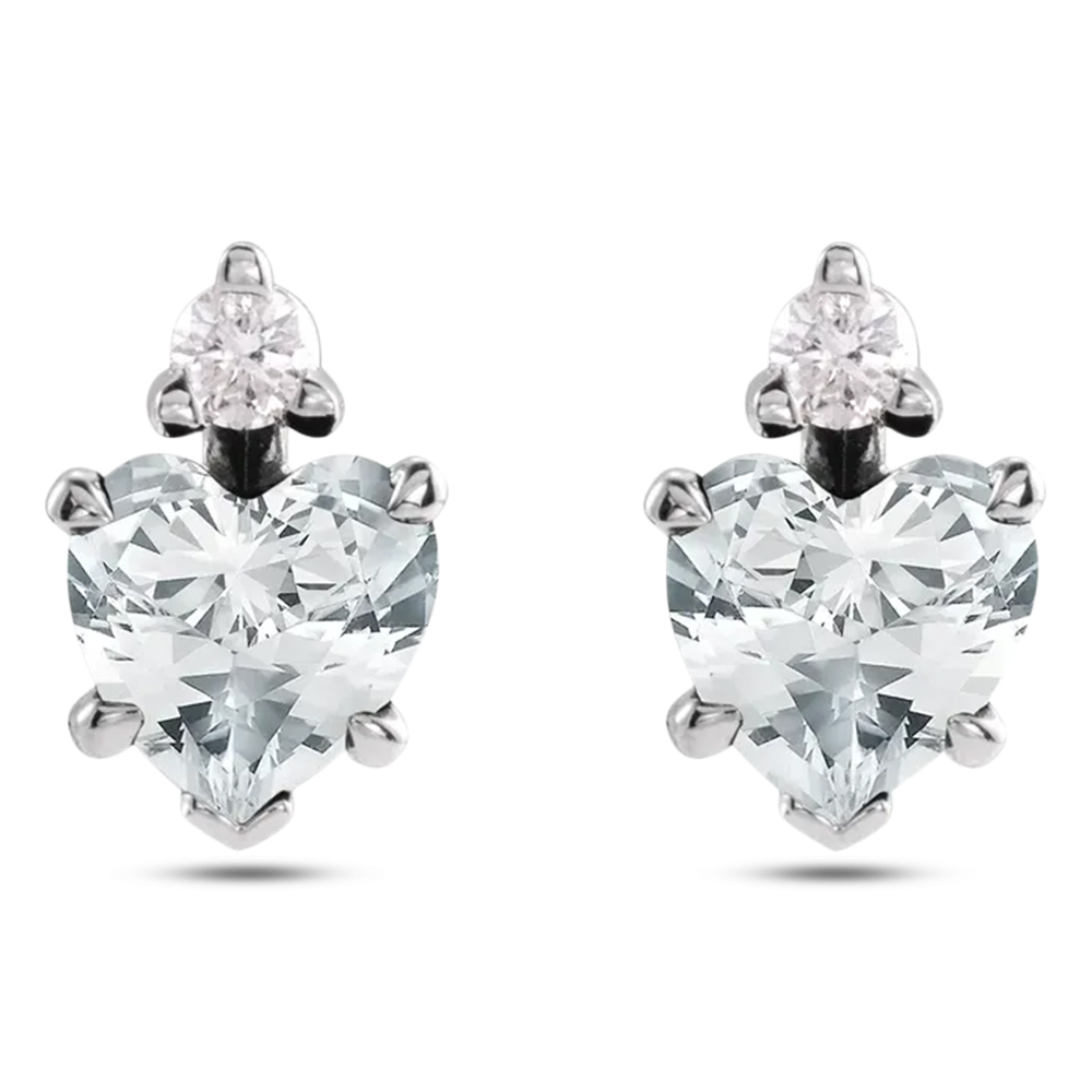 Heart Natural White Sapphire & Natural Diamond Stud Earrings 14K White Gold (0.61ct)