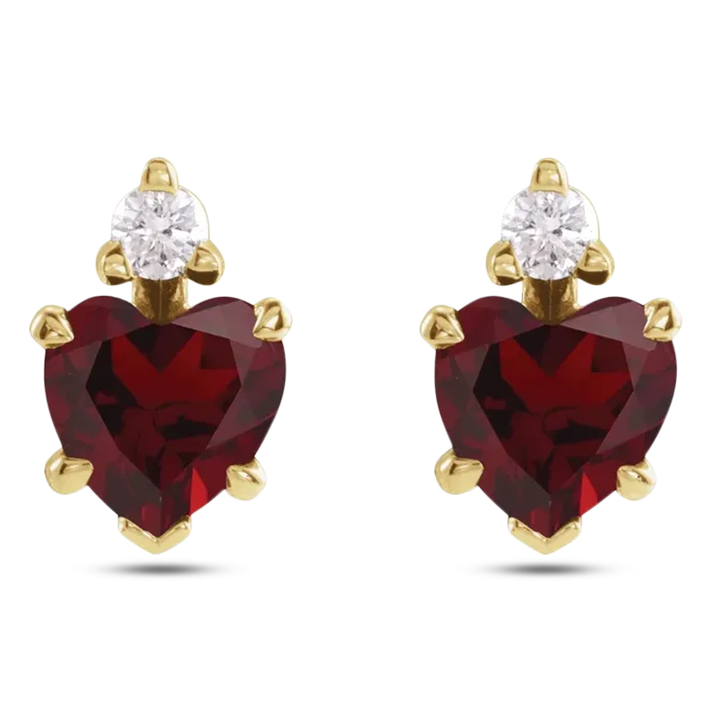 Heart Natural Mozambique Garnet & Natural Diamond Stud Earrings 14K Yellow Gold (0.66ct)
