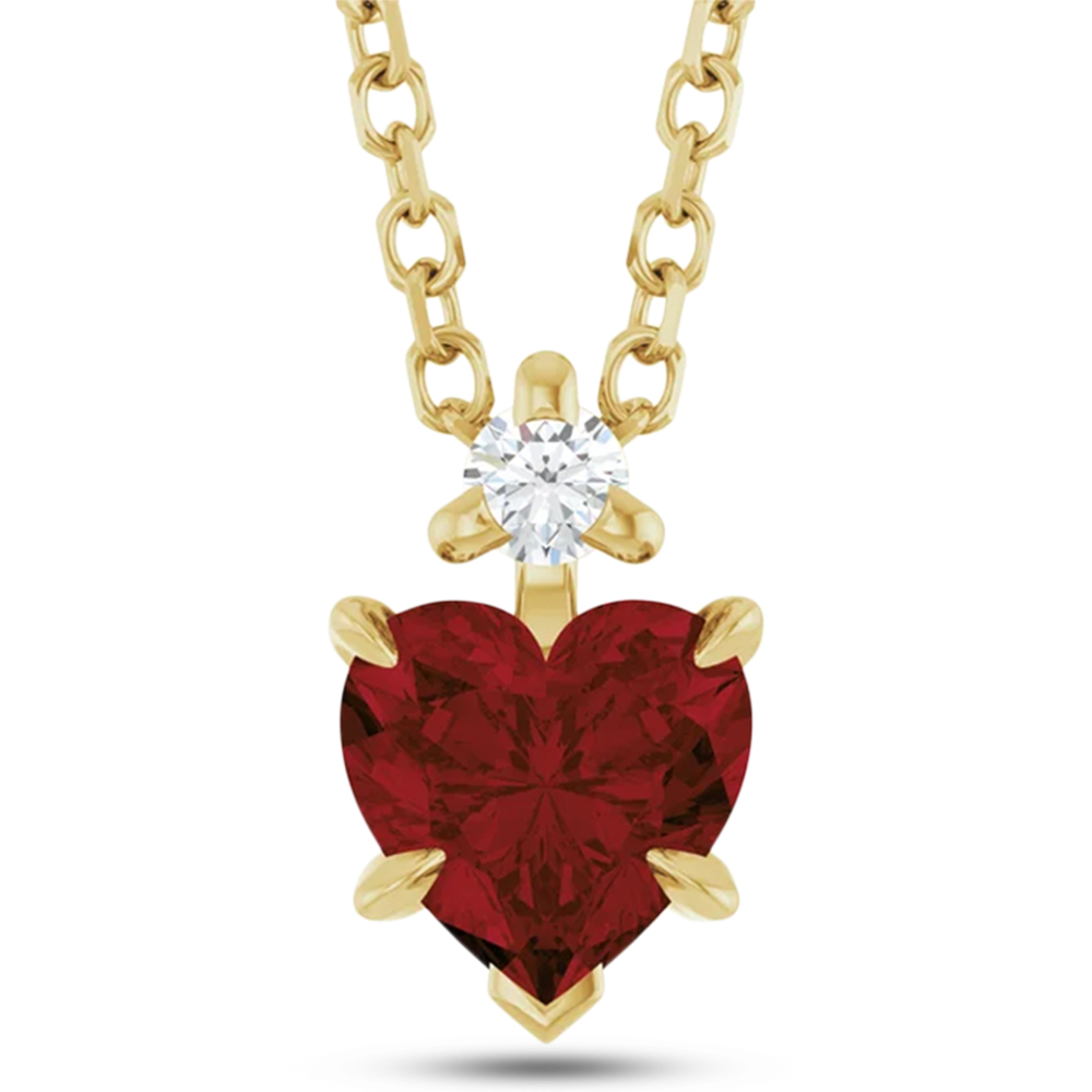 Heart Natural Mozambique Garnet & Natural Diamond Pendant Necklace 14K Yellow Gold (0.63ct)