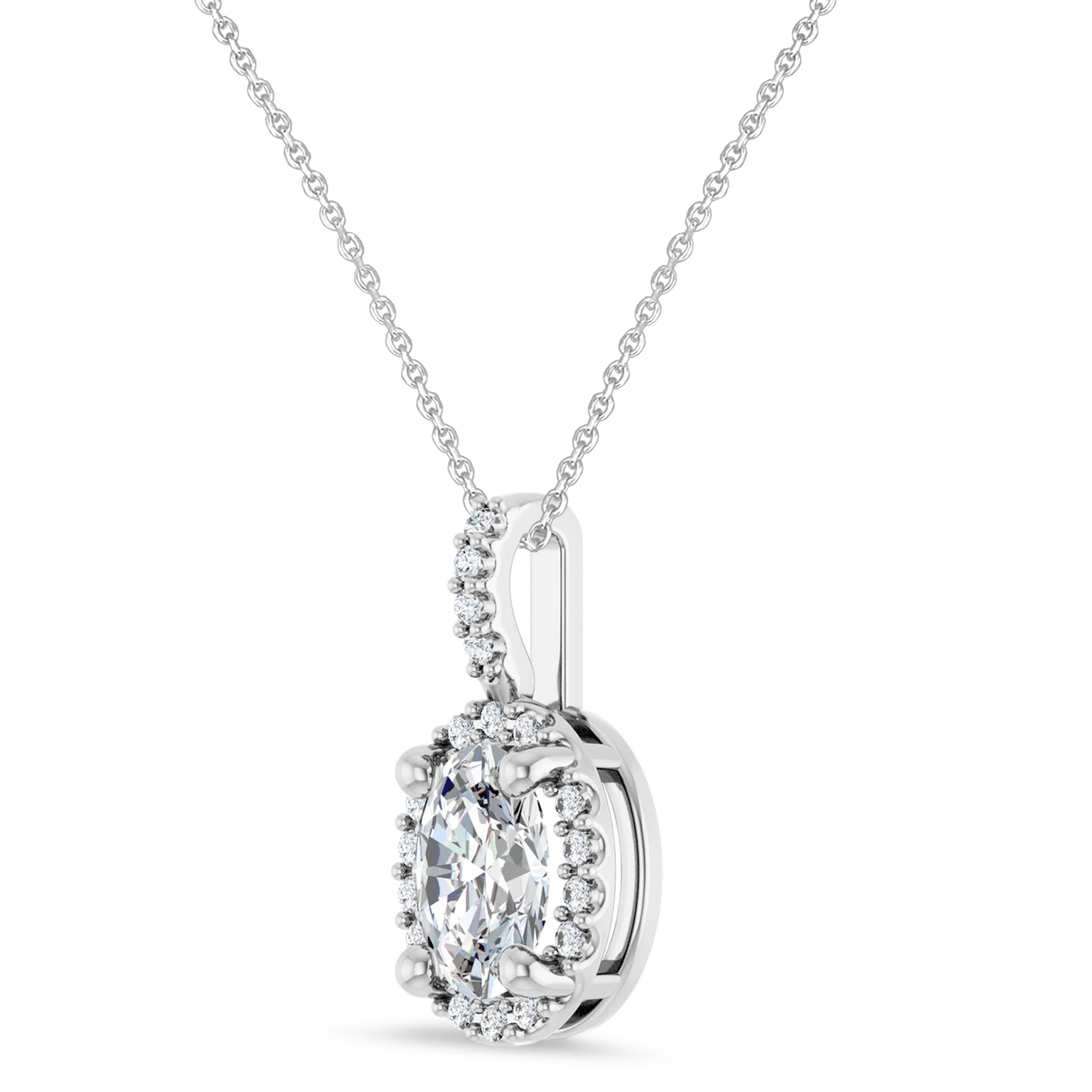Oval Lab Grown Moissanite & Diamond Halo Pendant Necklace 14K White Gold (1.07ct)