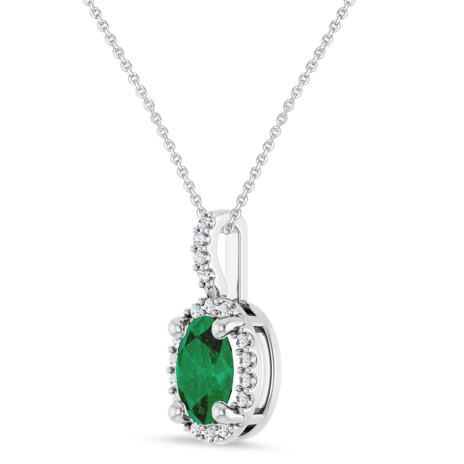 Oval Lab Grown Emerald & Diamond Halo Pendant Necklace 14K White Gold (0.76ct)