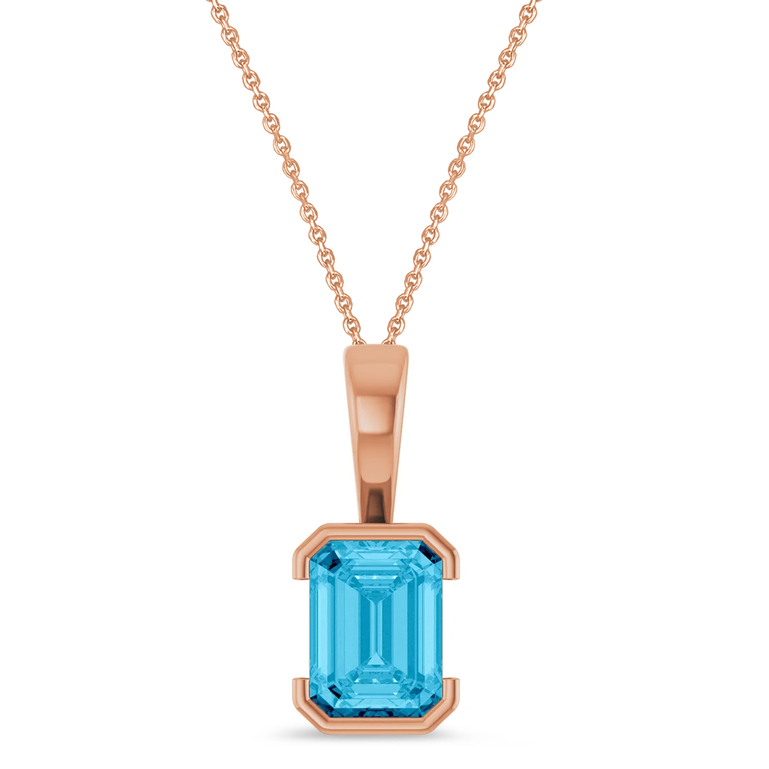Emerald Cut Lab Grown Aqua Sapphire Pendant Necklace 14K Rose Gold (2.07ct)
