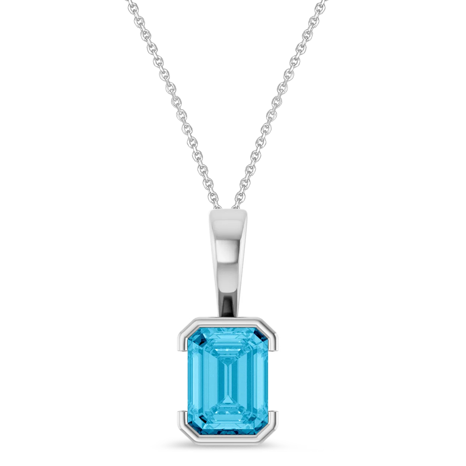 Emerald Cut Lab Grown Aqua Sapphire Pendant Necklace Sterling Silver (2.07ct)