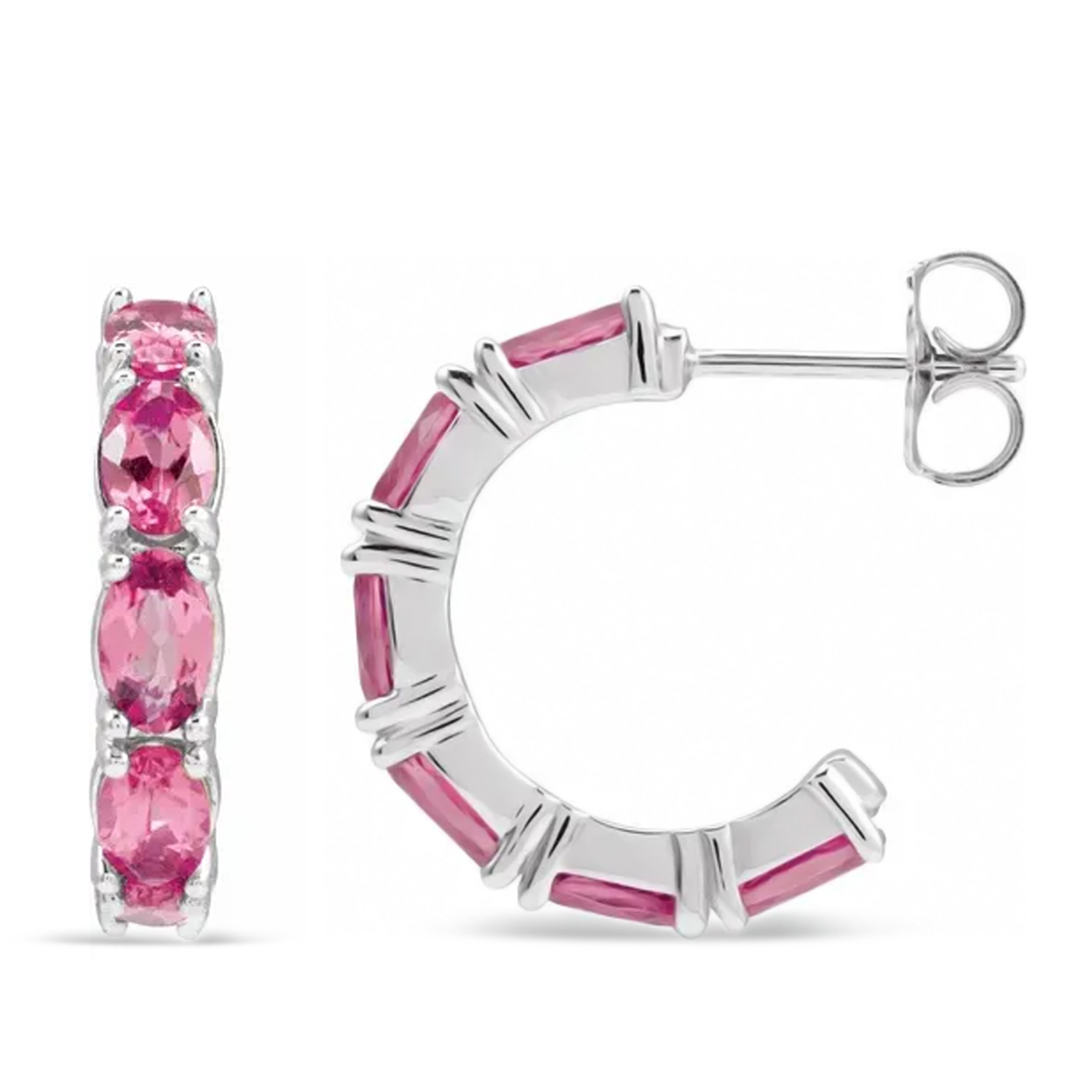 Oval Pink Tourmaline Hoop Earrings in Sterling Silver (3.24ct)