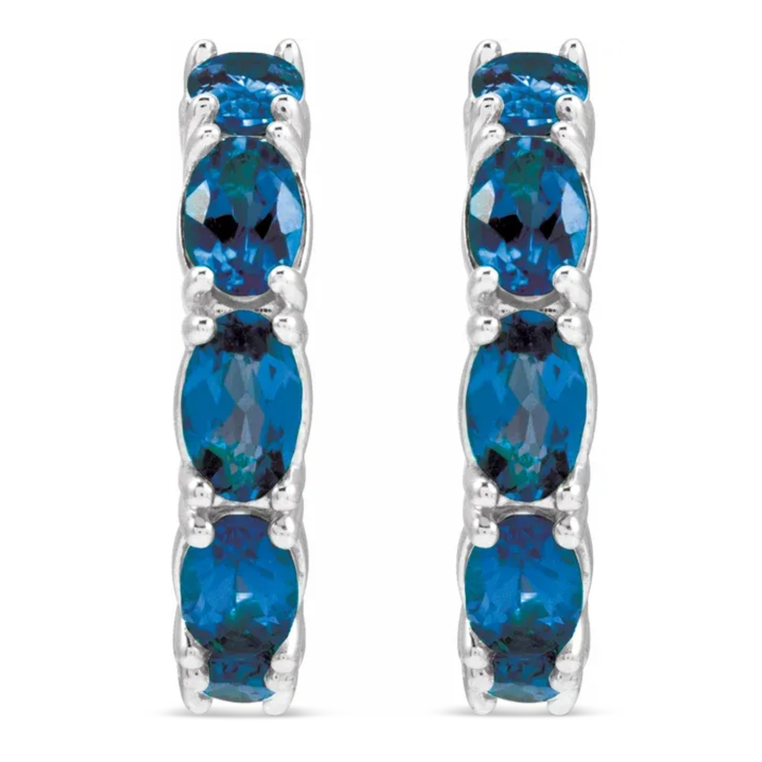 Oval Lab Grown Blue Sapphire Hoop Earrings 14K White Gold (3.36ct)
