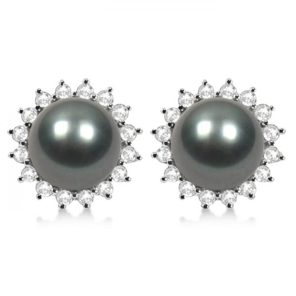 Cultured Tahitian Pearl Diamond Stud Halo Earrings 14k W Gold 8 Cultured Tahitian Pearl Diamond Stud Halo Earrings 14k W Gold 8 9mm