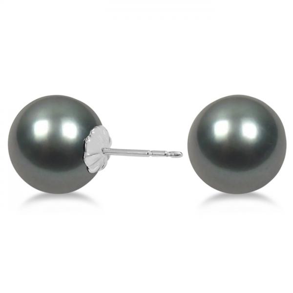 Cultured Black Tahitian Pearl Stud Earrings 14K White Gold 11-12mm