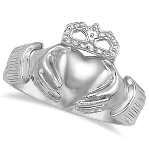 Men's Heart Claddagh Ring Irish Wedding Band 14k White Gold