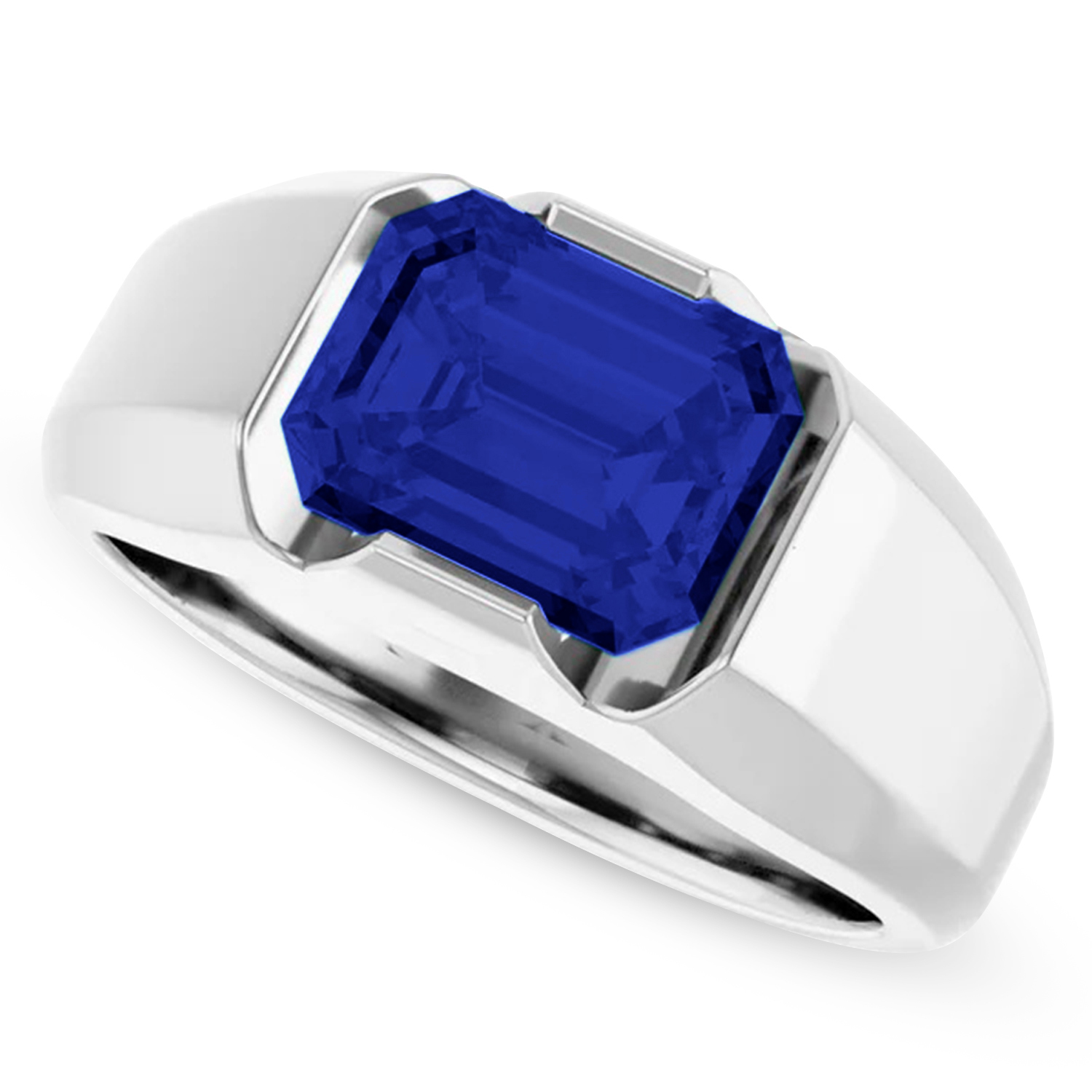 Lab Grown Emerald Cut Solitaire Men's Blue Sapphire Ring 14K White Gold (4.48ct)