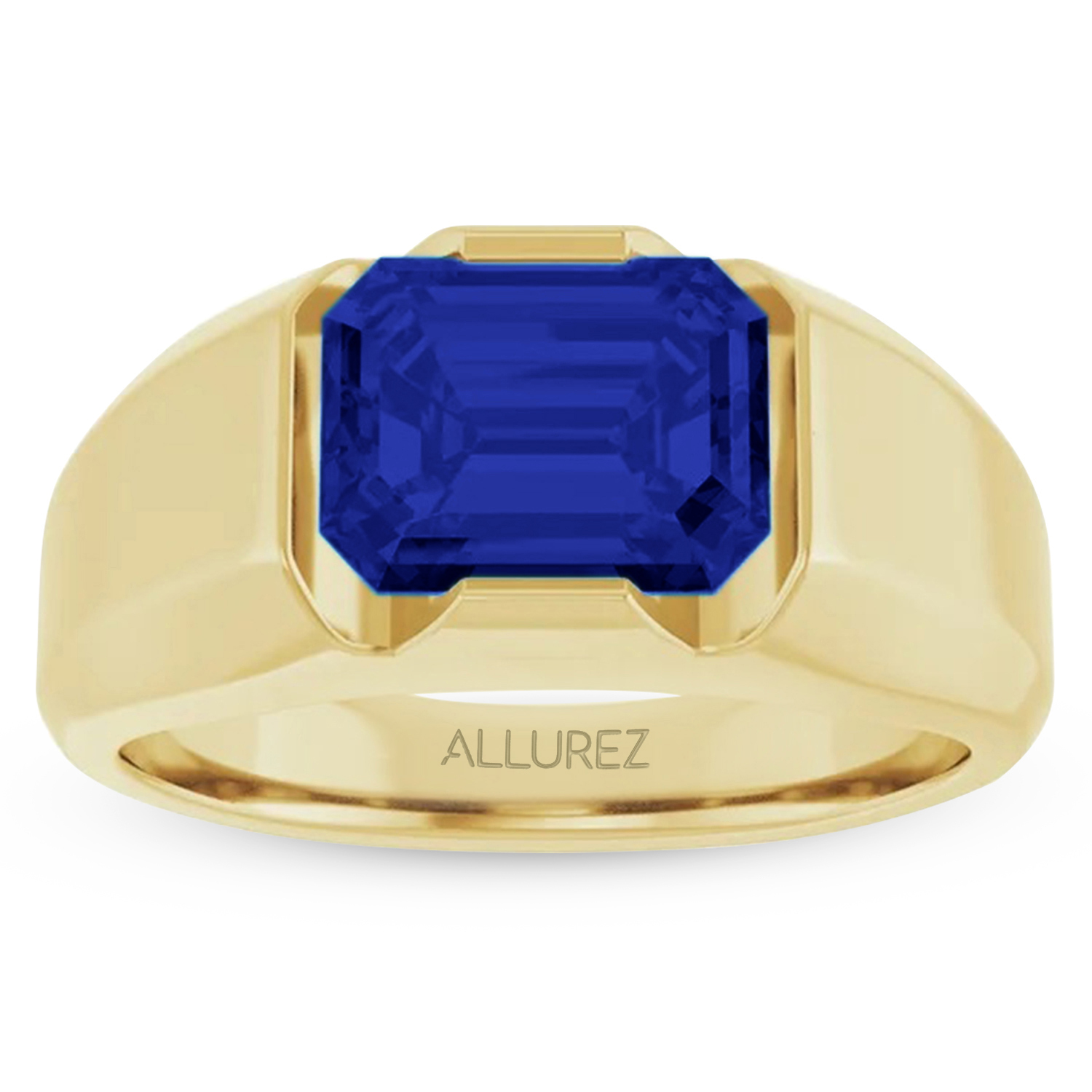 Lab Grown Emerald Cut Solitaire Men's Blue Sapphire Ring 14K Yellow Gold (4.48ct)