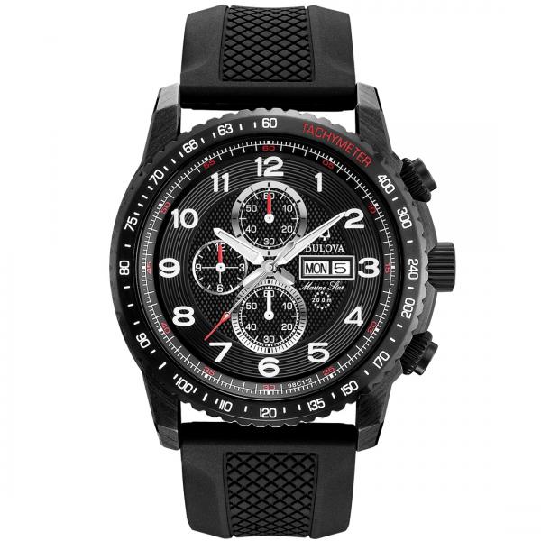 Bulova Men's Rubber Strap Chronograph Black Dial Tachymeter Watch BV10
