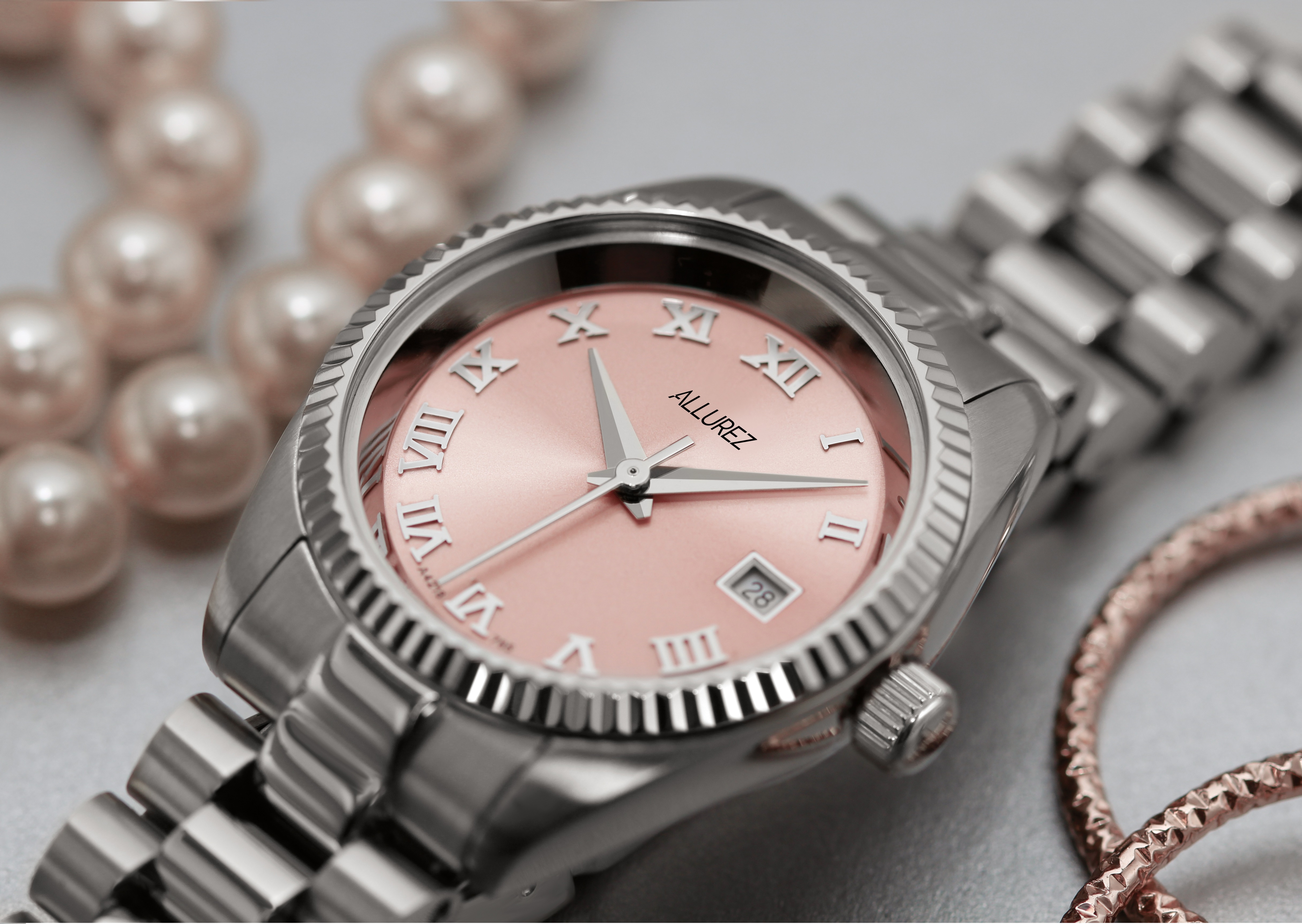 Allurez Women's Stainless Steel Bracelet Mauve Watch Roman Numerals