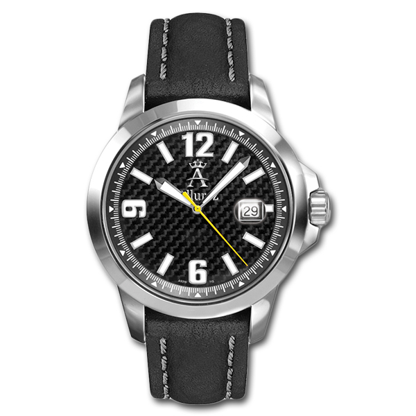 Allurez Men's Leather Strap Bold-Design Carbon-Fiber Dial Diver Watch