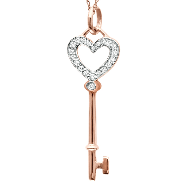 Diamond Heart Key Pendant Necklace in 14k Rose Gold (0.10ct)