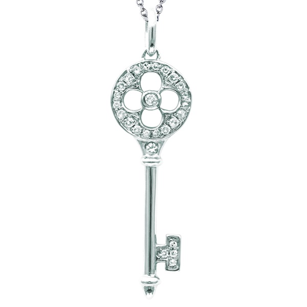 Diamond Clover Key Pendant Necklace in 14k White Gold (0.13ct)