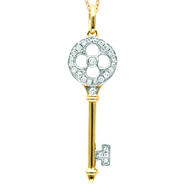 Diamond Clover Key Pendant Necklace 14k Yellow Gold 0.13ct Allurez